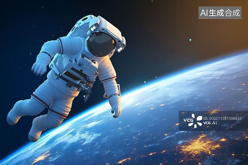 【AI数字艺术】太空视角，地球上空的一名宇航员，航空航天科技背景图图片素材