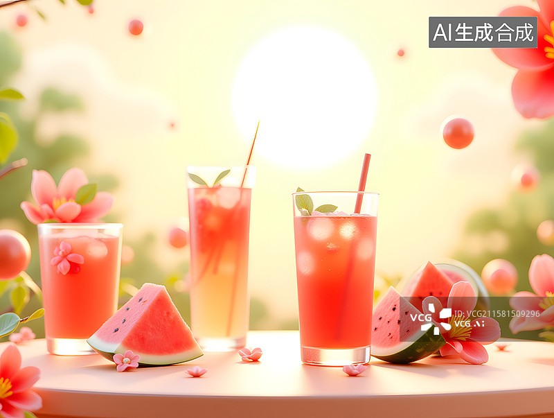 【AI数字艺术】夏季水果茶饮料食的3D插画图片素材