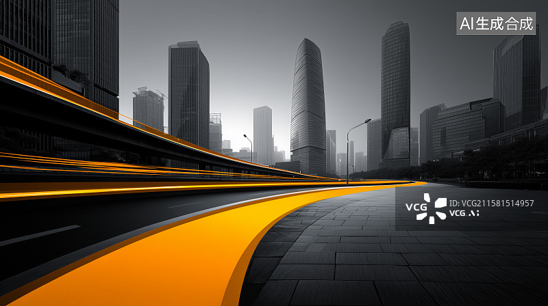 【AI数字艺术】通往现代都市天际线的未来之路的企业展示背景插画图片素材