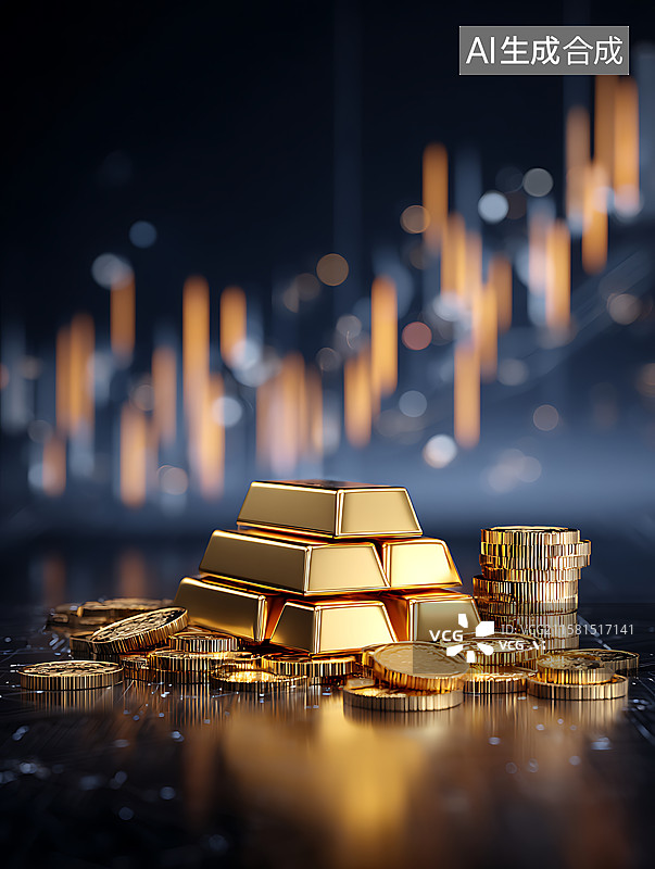 【AI数字艺术】金融市场背景下的金条与金币图片素材