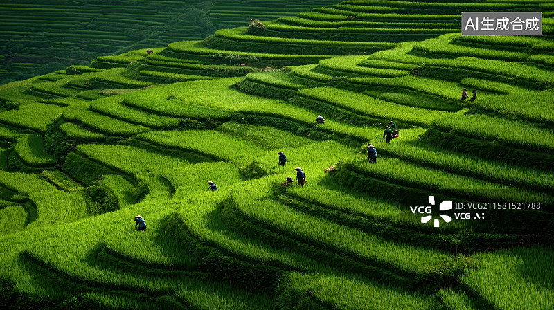 【AI数字艺术】绿色梯田上的农作场景图片素材