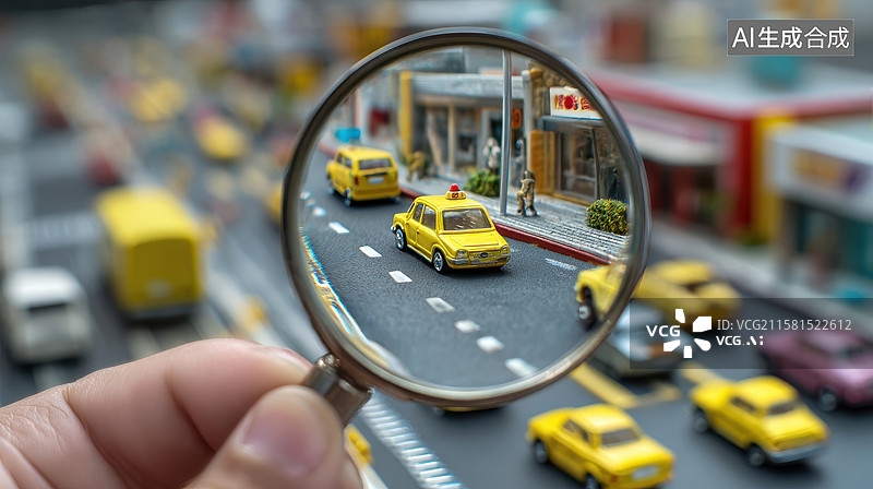 【AI数字艺术】放大镜下的微型城市街景图片素材