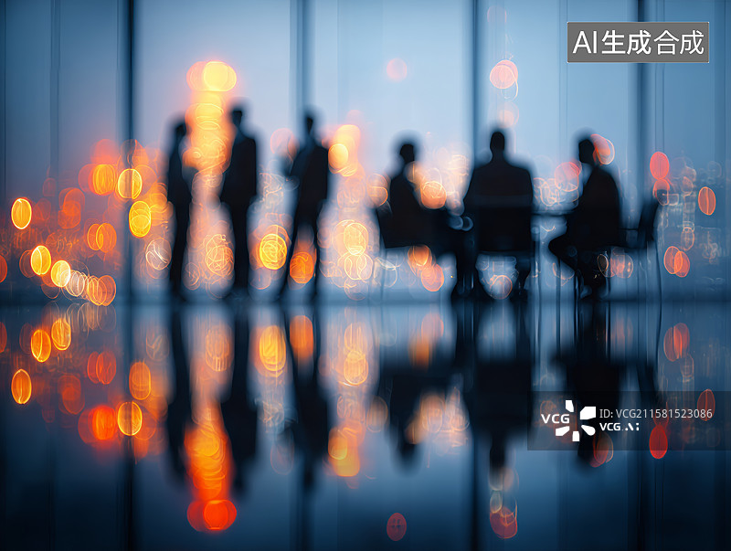【AI数字艺术】在商务办公楼开会讨论中的模糊商务人群的剪影图片素材