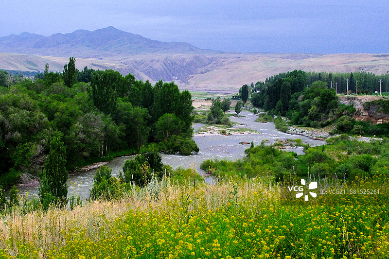 夏日新疆伊犁巩留县吉尔格朗乡清晨小吉尔尕郎河畔风景图片素材