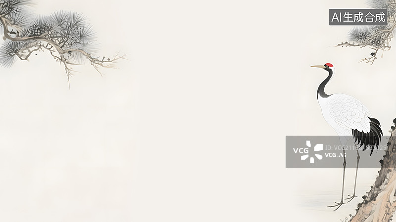 【AI数字艺术】水墨画松树仙鹤两侧图片素材