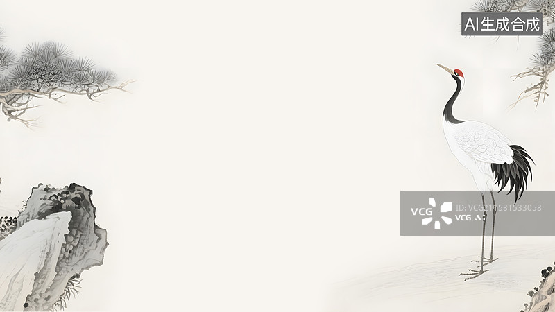 【AI数字艺术】水墨画松树仙鹤两侧图片素材