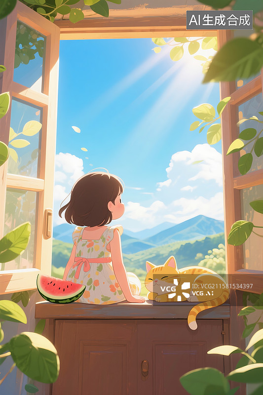 【AI数字艺术】夏日梦幻氛围，框架构图，小女孩坐在门楣上，一只小黄猫蜷缩趴在小女孩旁边，女孩背影，远处是夏天的天空和图片素材