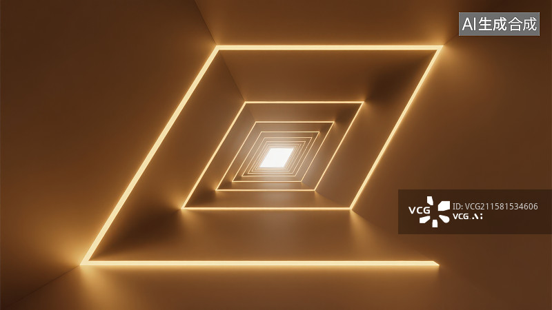 【AI数字艺术】金色灯带的空旷封闭工业风隧道通道式空间图片素材