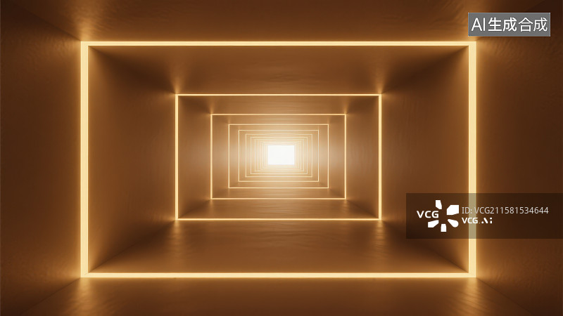 【AI数字艺术】金色灯带的空旷封闭工业风隧道通道式空间图片素材