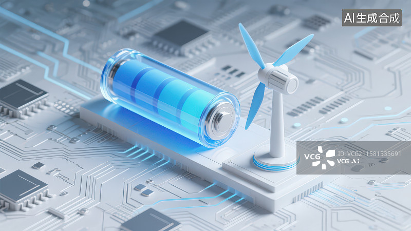 【AI数字艺术】3D渲染透明蓝色电池和小型风力发电机置于电路板纹理背景，绿色新能源科技概念可持续发展主题场景图片素材
