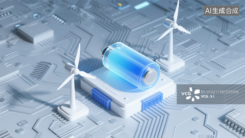 【AI数字艺术】3D渲染透明蓝色电池和小型风力发电机置于电路板纹理背景，绿色新能源科技概念可持续发展主题场景图片素材