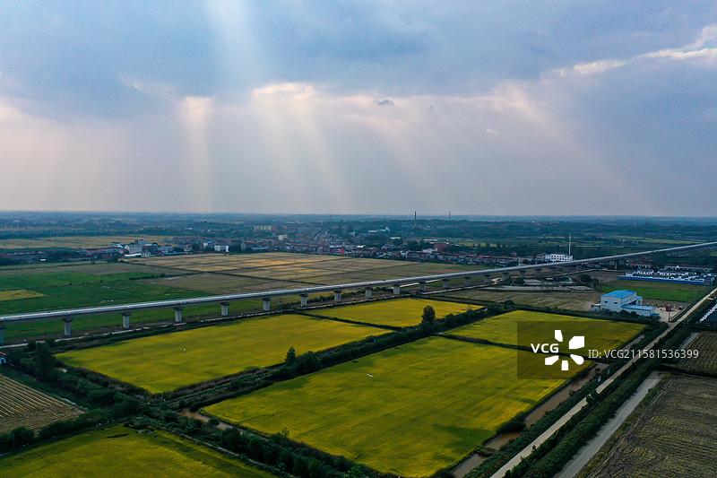 耶稣光下的高架桥和稻田图片素材