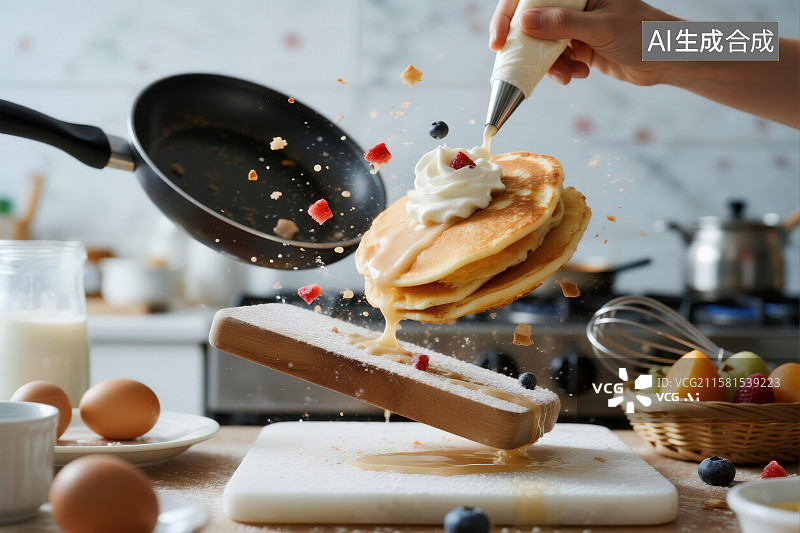 【AI数字艺术】煎锅翻转，奶油浇灌热腾腾的煎饼图片素材
