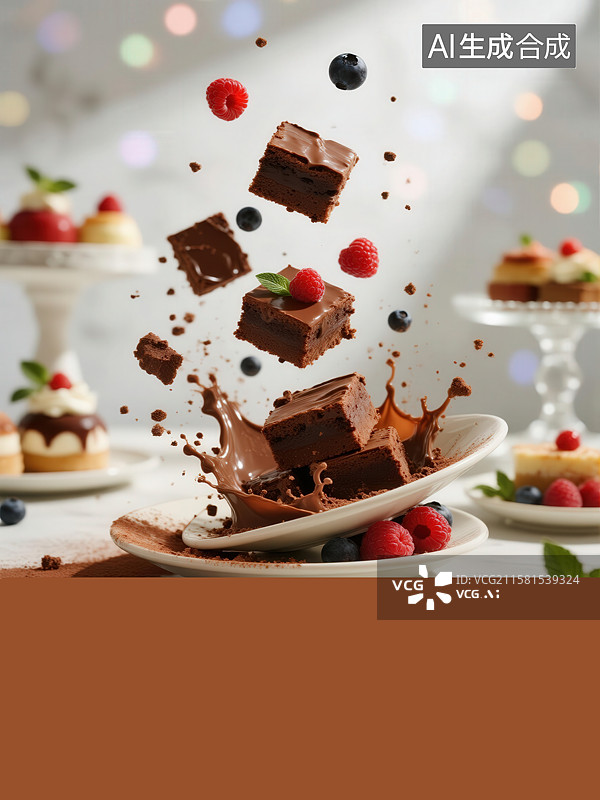 【AI数字艺术】巧克力蛋糕块与浆果的空中碰撞图片素材