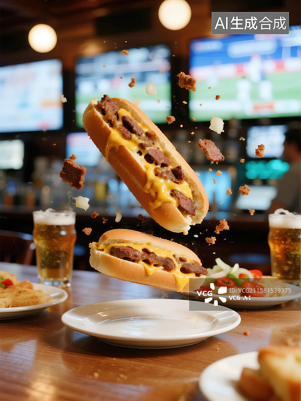 【AI数字艺术】热狗空中飞舞，酒吧背景图片素材