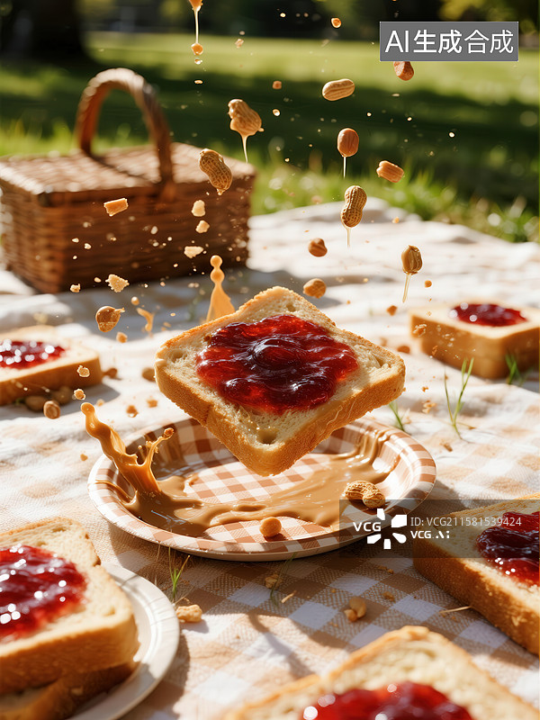 【AI数字艺术】野餐桌上果酱面包与花生碎飞溅瞬间图片素材