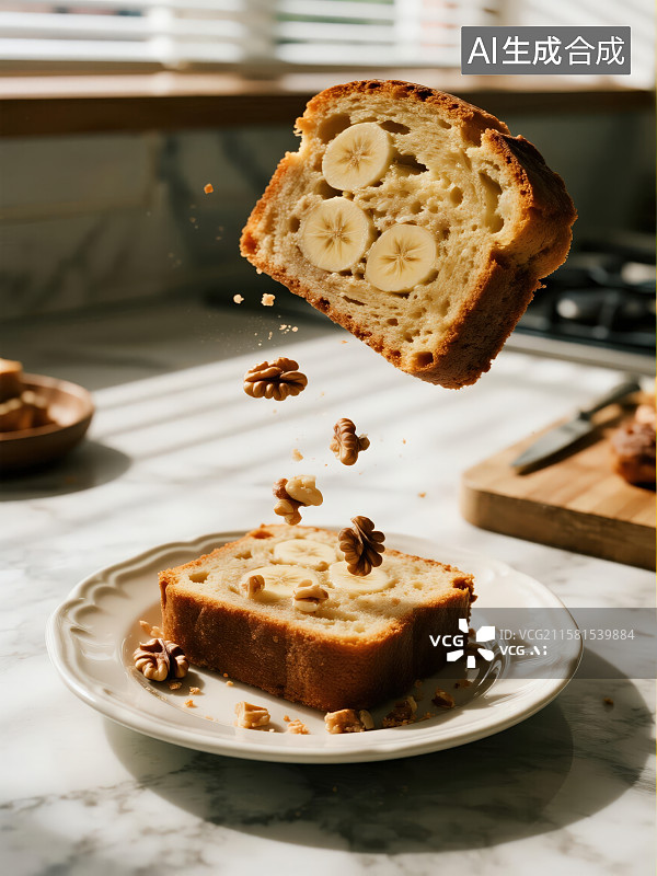 【AI数字艺术】香蕉核桃面包片悬浮空中图片素材