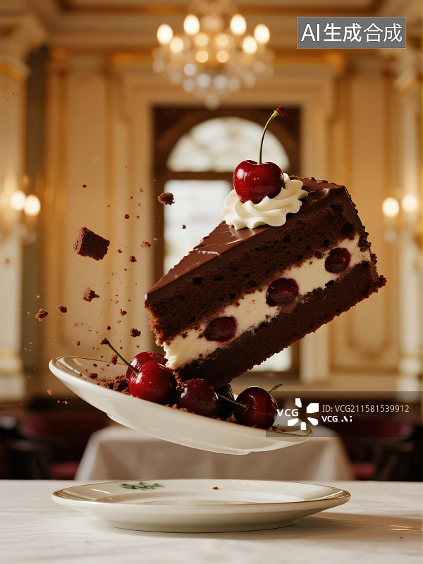 【AI数字艺术】黑森林蛋糕切块，樱桃点缀，室内奢华背景图片素材