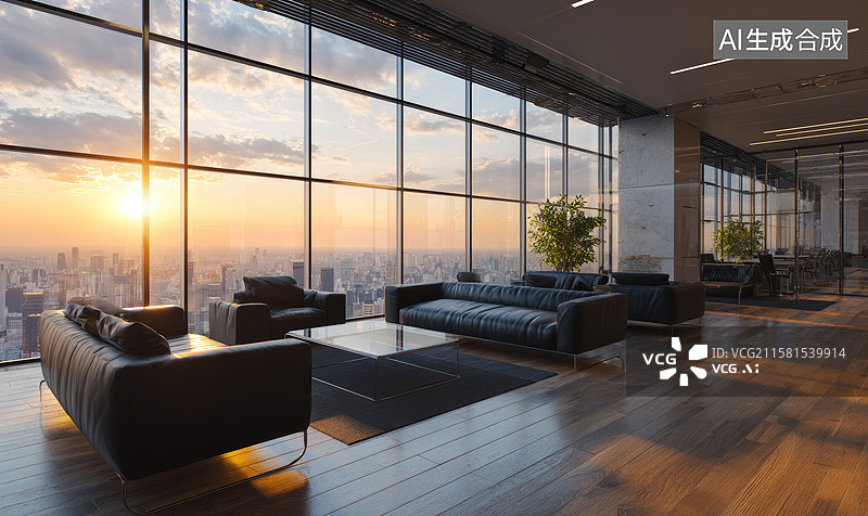 【AI数字艺术】现代客厅夕阳美景图片素材
