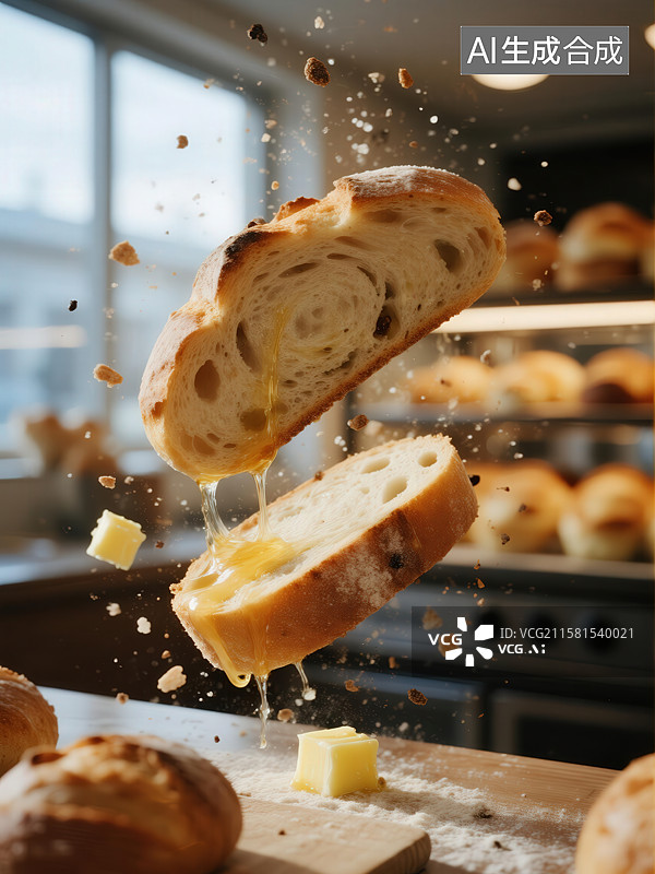 【AI数字艺术】新鲜面包切片瞬间，黄油飞溅图片素材
