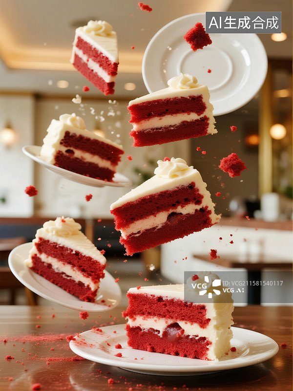 【AI数字艺术】悬浮的红丝绒蛋糕片图片素材