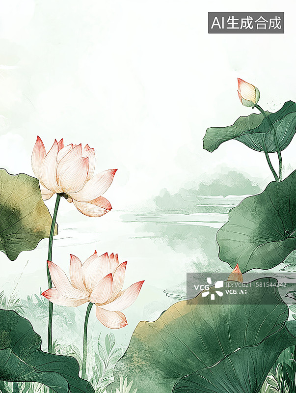 【AI数字艺术】水墨画夏季池塘荷花图片素材
