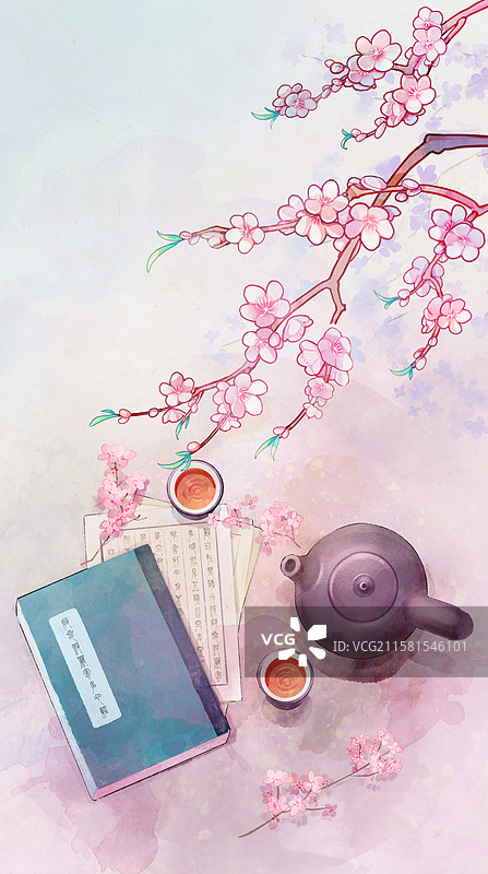 桃花樱花海棠春天古风茶书图片素材