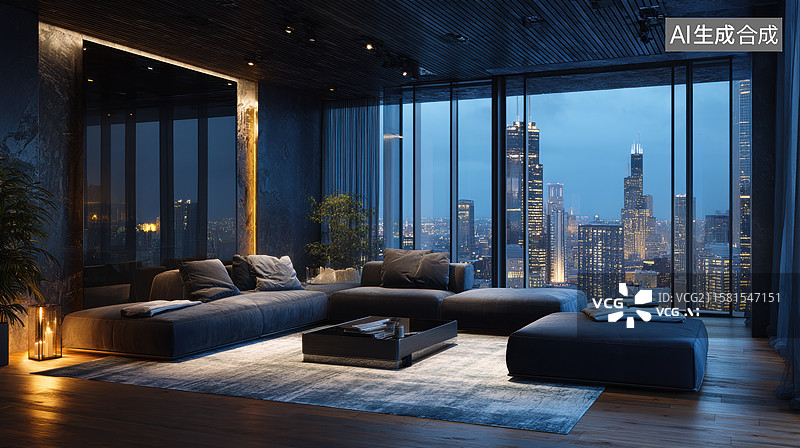 【AI数字艺术】现代客厅夜景城市风光图片素材