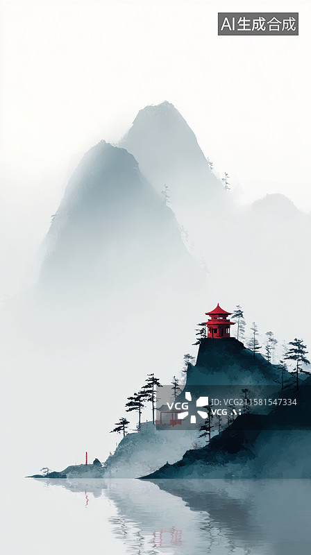 【AI数字艺术】雾中红亭，山峦叠翠图片素材