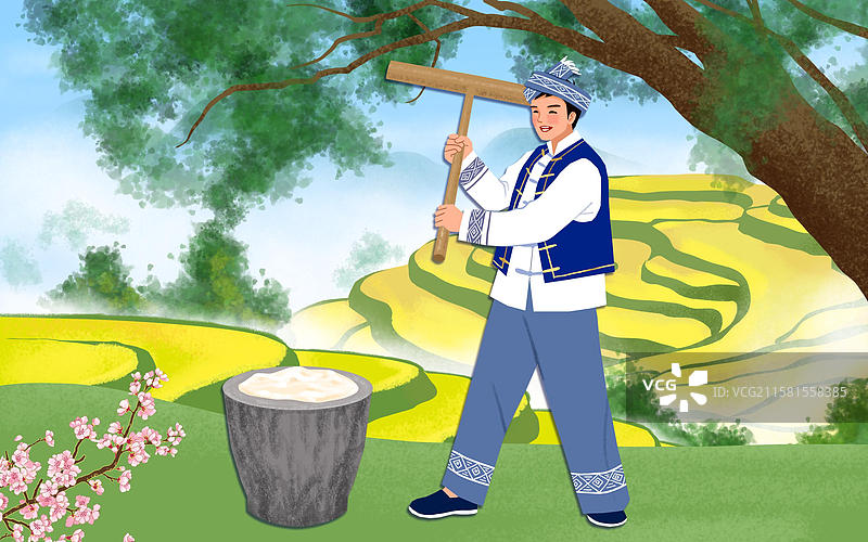 田园风光苗族男子打糍粑图片素材