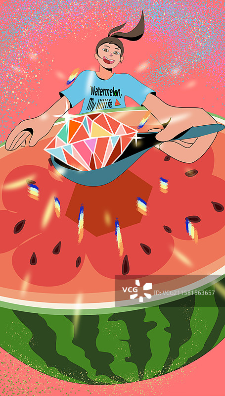 活力女孩用勺子吃美味西瓜手绘感卡通插画图片素材