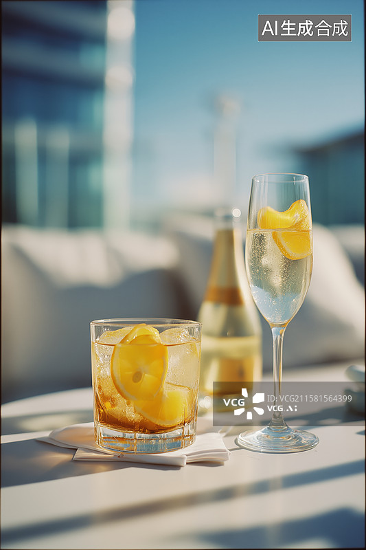 【AI数字艺术】阳光下的柠檬饮品与酒瓶图片素材