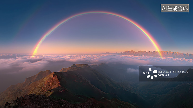 【AI数字艺术】山间云海上的彩虹图片素材