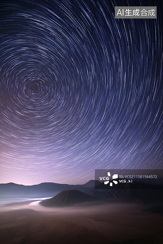 【AI数字艺术】星轨环绕山峦的夜空景象图片素材