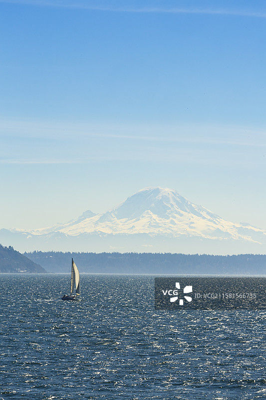 华盛顿州西雅图附近的普吉特海湾，风中航行的帆船与雷尼尔山的美景图片素材