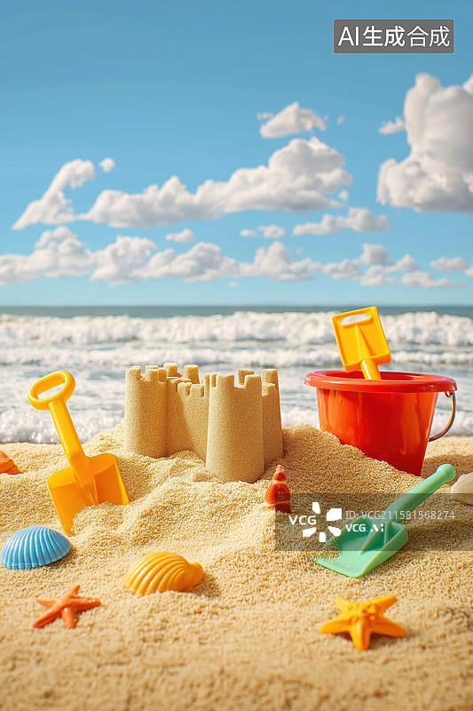 【AI数字艺术】沙滩上的玩具城堡与海洋背景图片素材