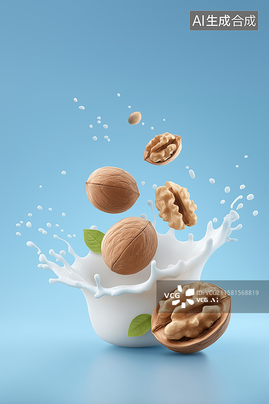 【AI数字艺术】坚果落入牛奶溅起水花图片素材