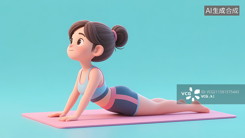 【AI数字艺术】女孩在垫子上练习瑜伽3D卡通立体插画图片素材