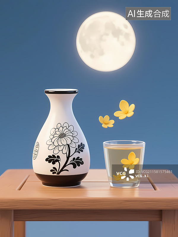 【AI数字艺术】月光下木桌上菊花酒3D卡通立体插画图片素材