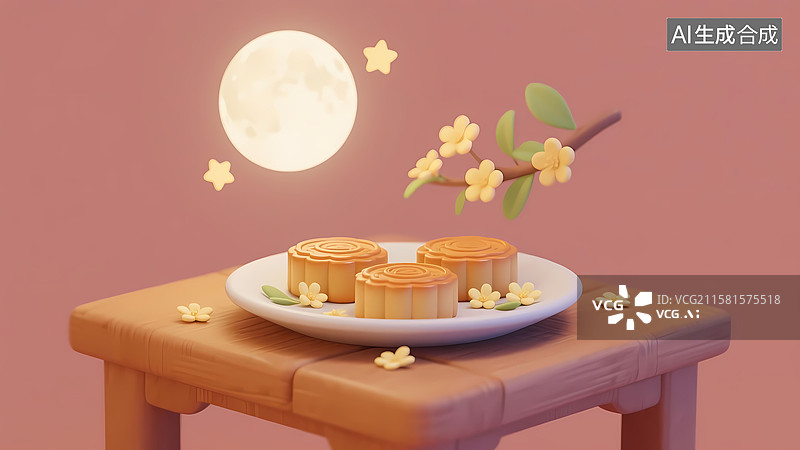 【AI数字艺术】月光下木桌上月饼桂花3D卡通立体留白背景插画图片素材
