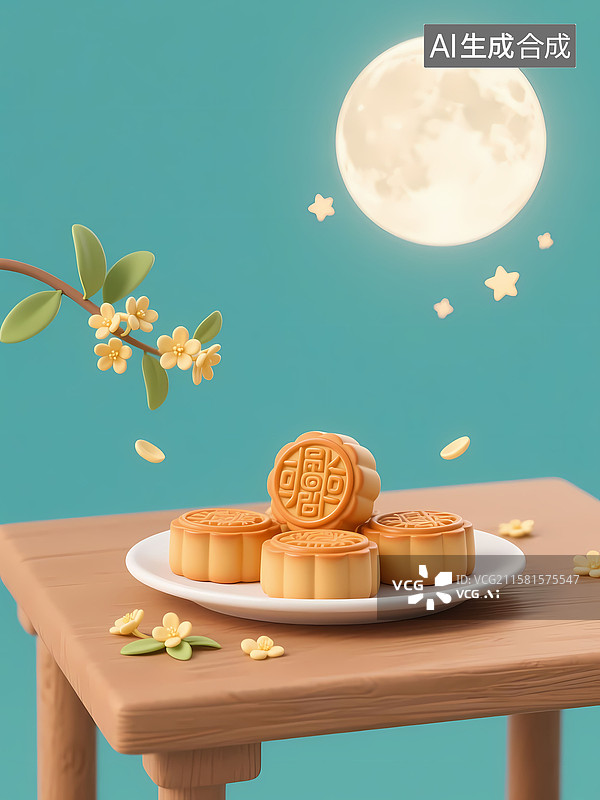 【AI数字艺术】月光下木桌上月饼桂花3D卡通立体留白背景插画图片素材