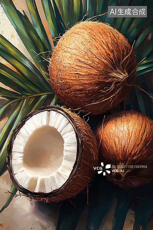 【AI数字艺术】三个椰子与椰叶静物画面图片素材