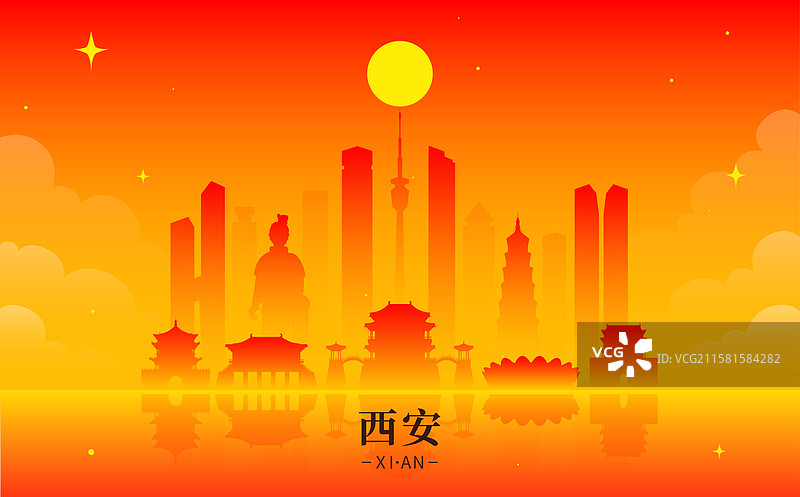 城市西安建军节矢量描边插画图片素材