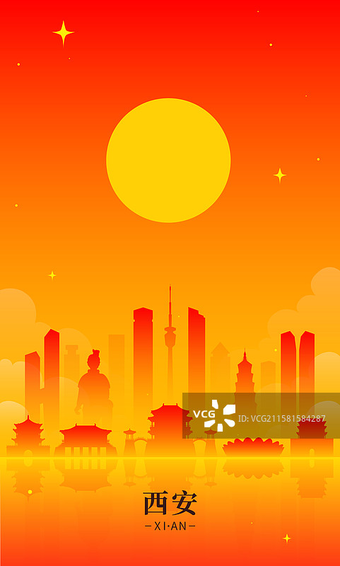 城市西安建军节矢量描边插画图片素材