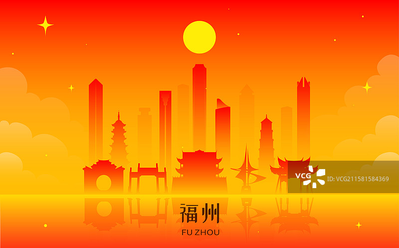 福州国庆春节红色喜庆矢量描边插画图片素材