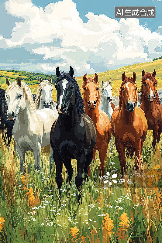 【AI数字艺术】草原上的多彩骏马群像图片素材