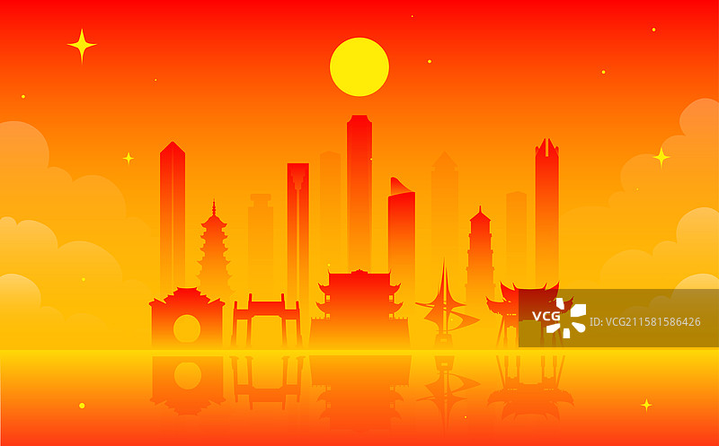 福州国庆春节红色喜庆矢量描边插画图片素材