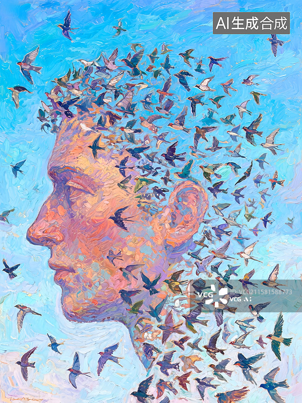 【AI数字艺术】超现实主义油画，一群鸟构成的人脸图片素材