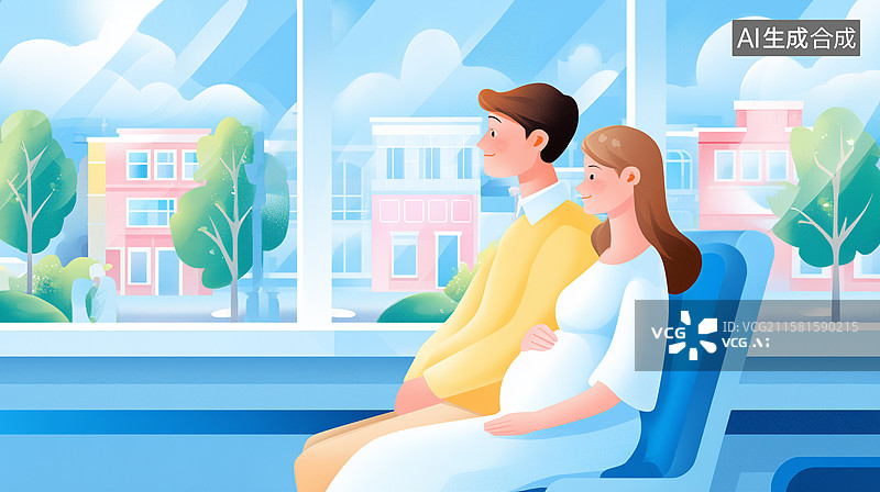 【AI数字艺术】温馨夫妻孕期插画场景图片素材