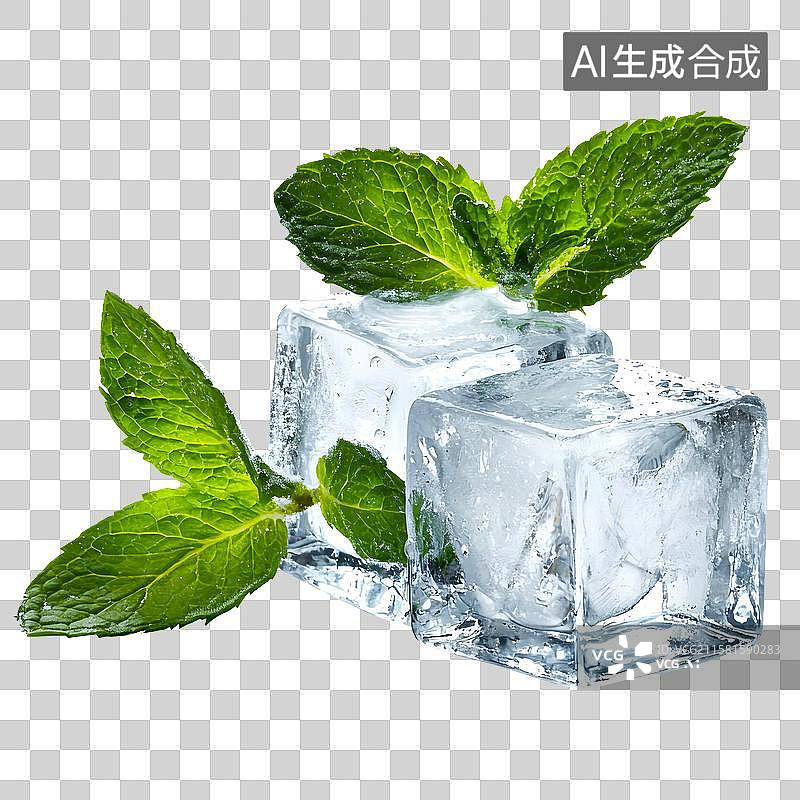 【AI数字艺术】夏天，几块透明冰块和绿色的薄荷叶图片素材